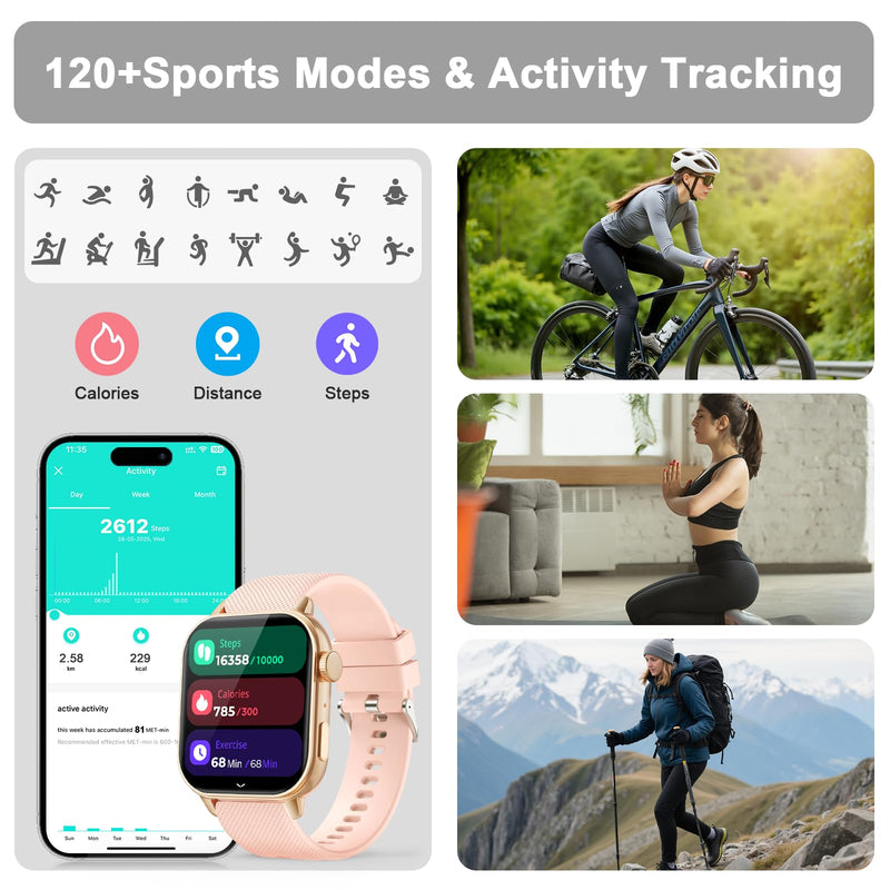 MFVLP Smart Watch for Men Women, 1.85'' AMOLED HD Fitness Watch with 120+ Sports Modes, Bluetooth Call/Heart Rate/Sleep Monitor/Pedometer, Smartwatch for Android iOS, IP68 Waterproof, Gold Deep Pink Gold