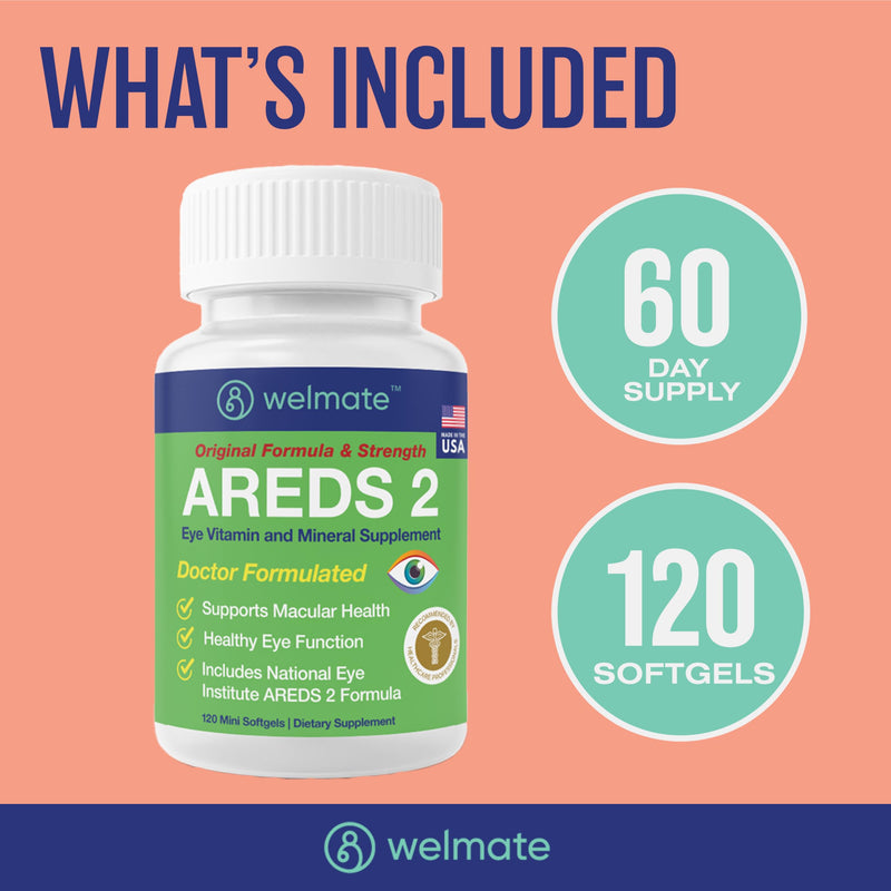 WELMATE - AREDS 2 (60 Servings) - Eye Vitamin and Mineral Supplement - Vitamin C, Zinc, Lutein, Zeaxanthin - Macular Health - Doctor Formulated & Tested - Eye Care - Gluten Free - 120 Mini Softgels 120 Count (Pack of 1)