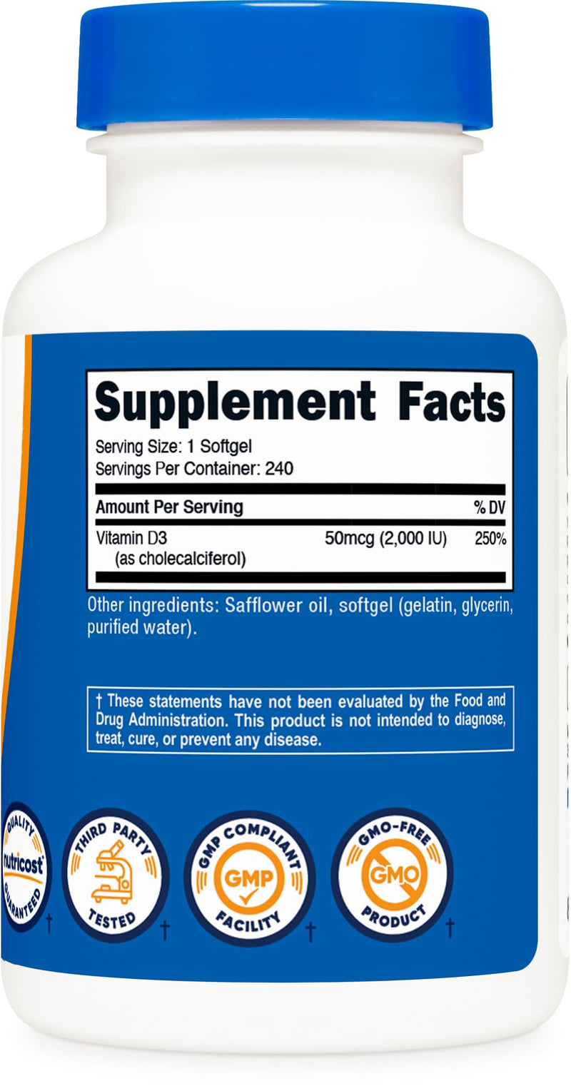 Nutricost Vitamin D3 2000 iu Softgels, 240 Softgels, Gluten Free | GMO-Free 240 Count (Pack of 1)