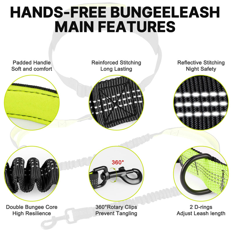 Hands Free Dog Leash for Medium Large Dogs, Waist Support Padded Bungee Dog Running Leash with Reflective Stitching for Walks, Jogging, Running, Hiking, and Dog Training for One Dog Black/Green - BeesActive Australia