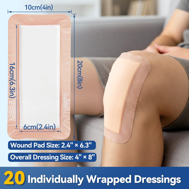 Dimora 20 Count Silicone Super Absorbent Wound Dressing - 4" x 8" Soft Gauze Pads for Bed Sores Leg Ulcers Post Surgical Incisions, Adhesive Wound Bandage with Gentle Border 4"x 8" - 20 pcs