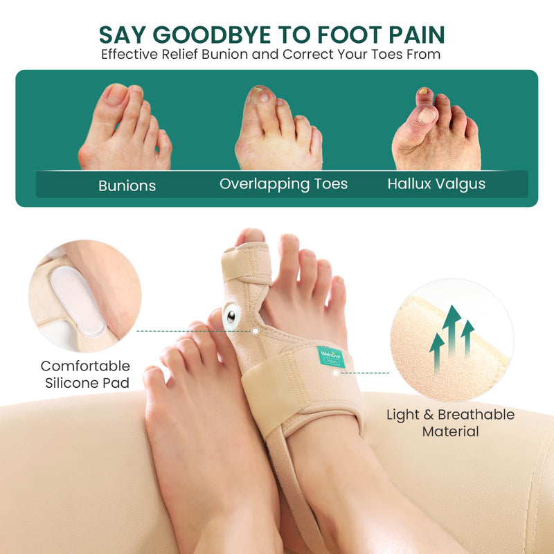 Welnove Bunion Corrector Women & Men Big Toe: 1 Pair Bunion Splint - Adjustable Bunion Correction - Toe Straightener with Non-slip Strap, Day Night Support (Beige) - With 2 Gel Separators