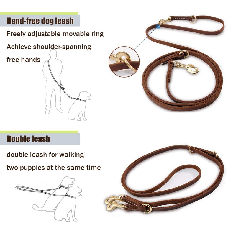 LWBMG Multi Function Leather Dog Leash 8ft Genuine Leather Leash for Dogs Hands Free Pet Leashes Double Ended Pet Training Leashes for Small Medium Large Dogs 8ft x 1/2inch Brown - BeesActive Australia