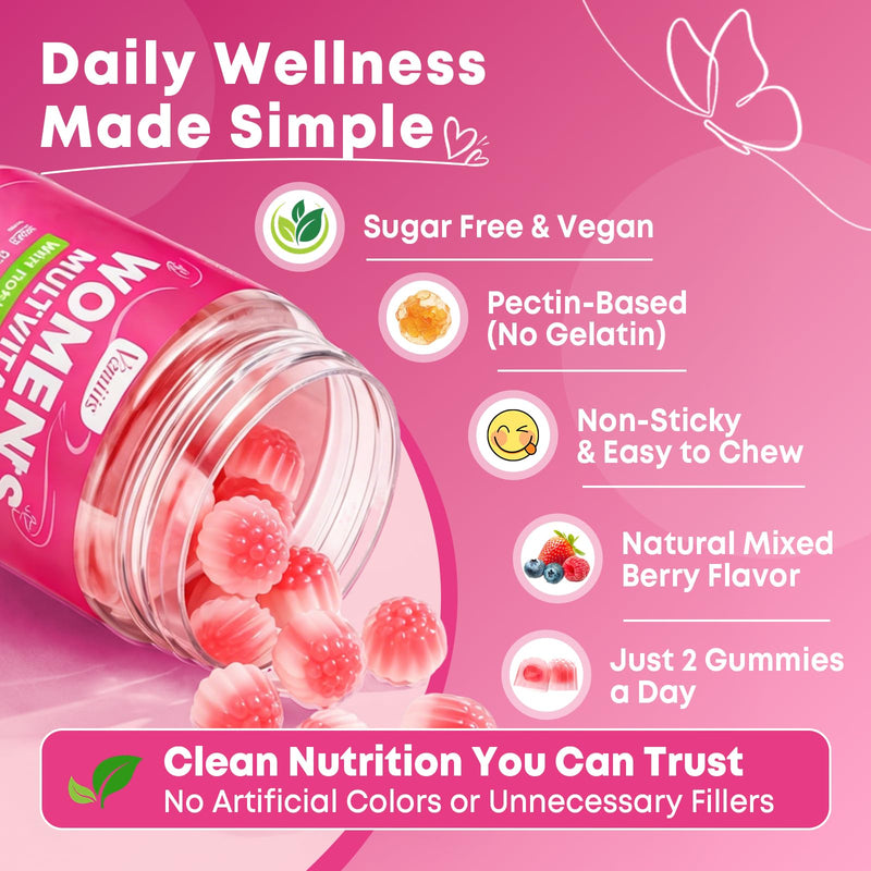 90 Count Womens Multivitamin Gummy, Methylated Multivitamin for Women with Iron, Biotin, Vitamins A, C, E, D3, K2 and B Complex for Beauty, Immune, Hair & Skin, Vegan, Sugar Free, Mixed Berry Flavor 90 Count (Pack of 1)