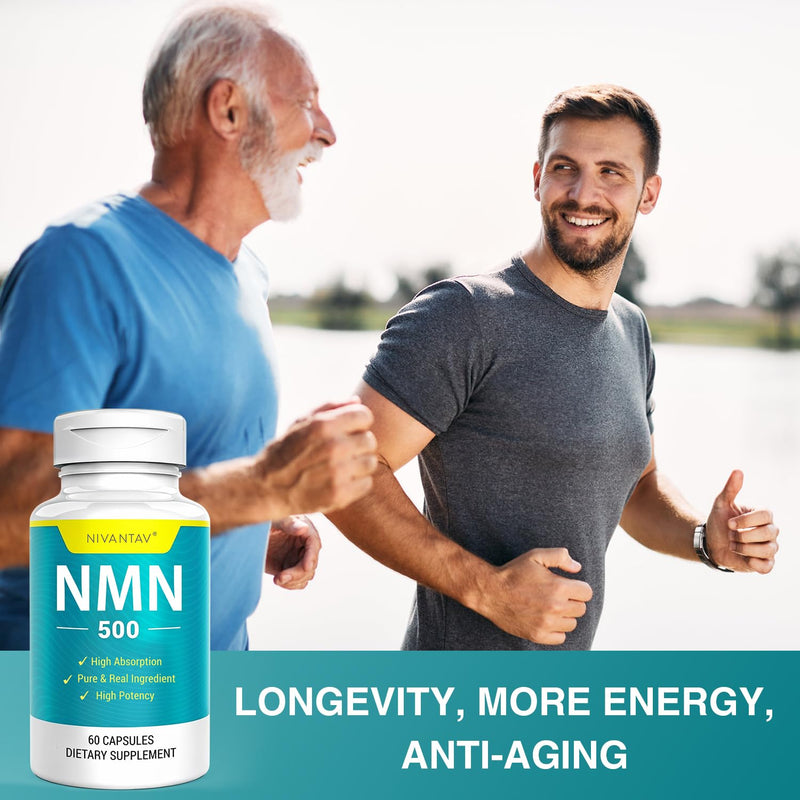 NMN Supplement, 99% Pure NMN 500mg for NAD+, 60 Capsules (60 Days Supply) | Stabilized NMN Supplement for NAD, Cellular Energy, Immune, Muscle, Skin, Anti-Aging & Longevity, Vegan, Higher Absorption 60 Count (Pack of 1)