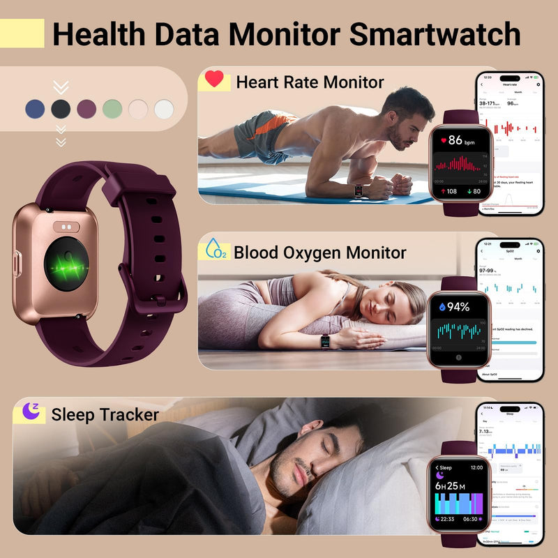 Smartwatch for Women, Compatible with Android & iPhone, 1.8'' Fitness Tracker Watch with Alexa, Call & Notification Alerts, Heart Rate & Sleep Monitor, 120 Sports Modes, Waterproof Watch for Women 1.8 inches Rose Purple - BeesActive Australia