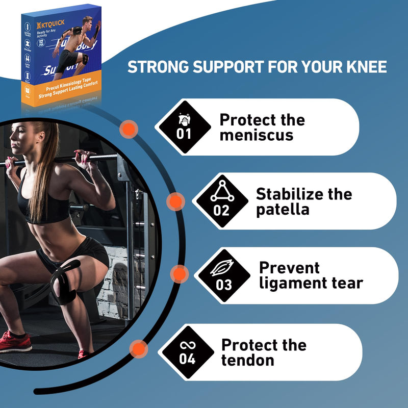 PreCut Kinesiology Tape for Knees, KTQUICK 12 PCS 5% Extra Adhesive Knee Tape for Knee Pain Relief Pre Cut, Anatomical for Maximum Hold, Waterproof&Hypoallergenic Cotton Latex-Free for Sports (Black) 12PCS Black - BeesActive Australia