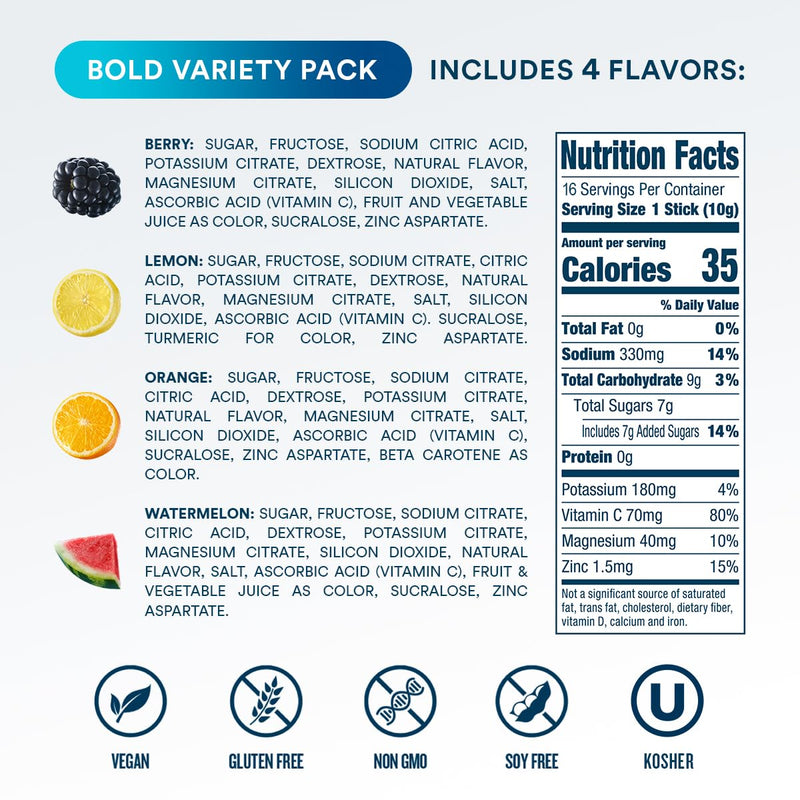DripDrop Hydration Bold Variety Pack, Electrolyte Packets, 16 Count | Watermelon, Berry, Lemon & Orange; 3X Electrolytes, Vitamin C, Magnesium, Potassium, Zinc; Single Serve Powder Drink Mix