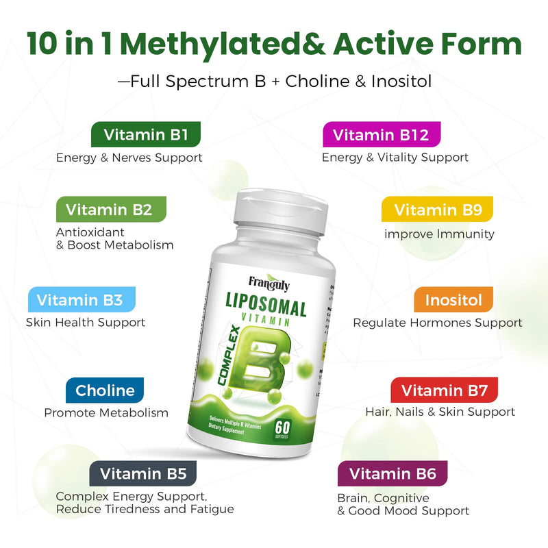 Liposomal B Complex for High Absorption Methylated B12,L-Methyfolate(5-MTHF),Full Active B Vitamins with Choline Inositol-Vegan, Non-GMO,3 Month Supply 30 Count (Pack of 3)