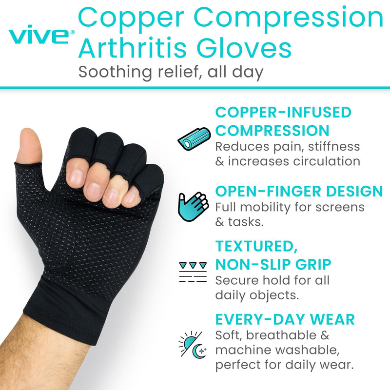 Vive Copper Infused Fingerless Arthritis Compression Gloves (Pair) - Relief for Men, Women, Rheumatoid, Swelling, Carpal Tunnel, Tendonitis, Edema, Hand & Finger Pain - Comfortable Non-Slip (Large) Large