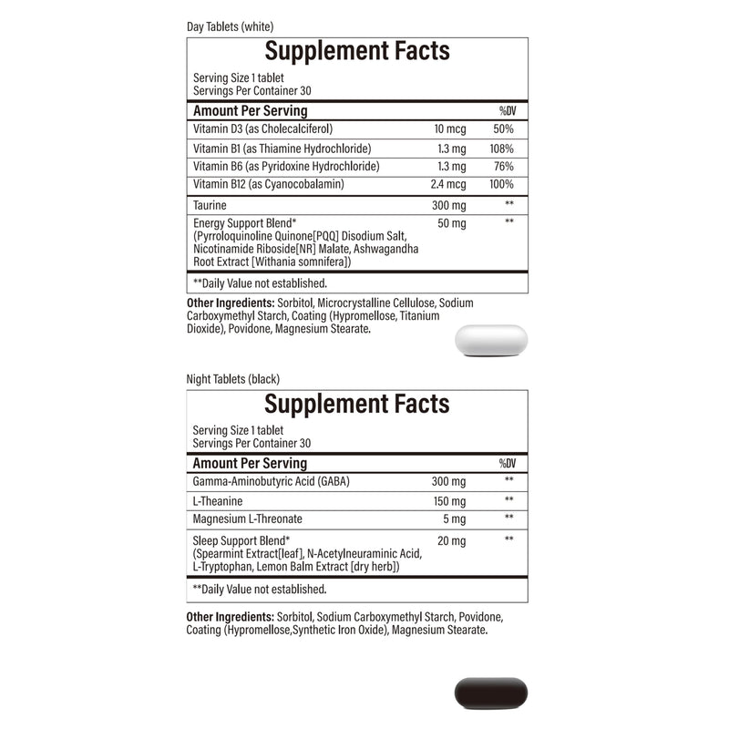 Day & Night Sleep Nutrition Pack – Daytime Energy Support with B-Vitamins, Taurine, PQQ, Ashwagandha – Nighttime Relaxation with GABA, L-Theanine, Magnesium – 60 Tablets