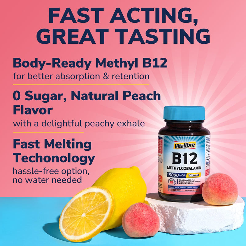 Vitalibre Vitamin B12 Sublingual 5000 mcg, Methylcobalamin, Bioactive Form | High Absorption, Vegan, Nerve, Energy, Immune, Mood Support, Natural Peach Flavor, 180 Fast Dissolve Mini Tablets, No Sugar 180 Count (Pack of 1)