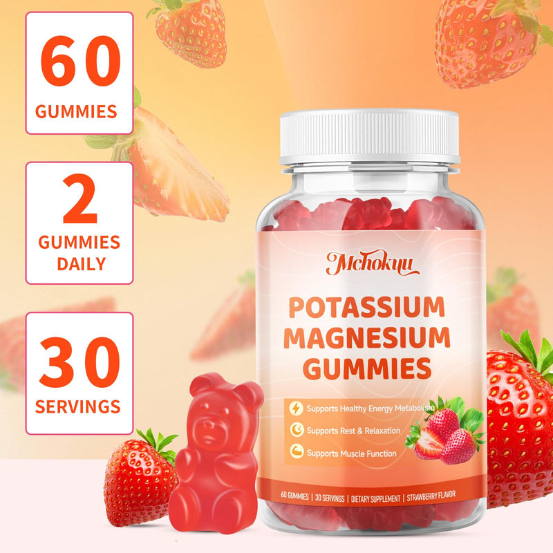 Potassium Magnesium Gummies – High Absorption Magnesium Glycinate – Magnesium Potassium Supplement Gummies with Vitamin B6, D3, B12 for Muscle Support, Sugar-Free Strawberry Flavor, 60 Count 60 Count (Pack of 1)