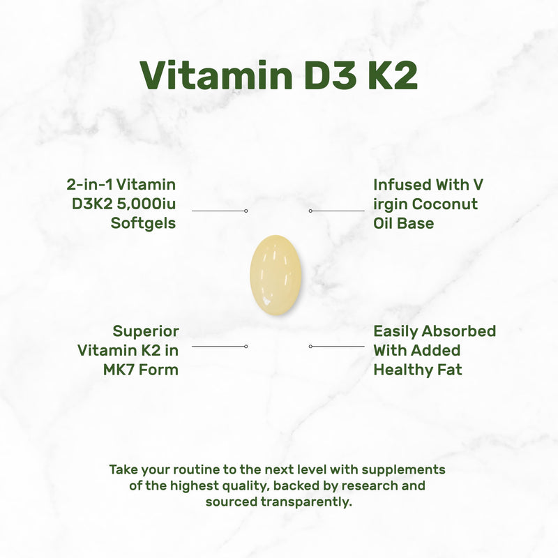 DEAL SUPPLEMENT Vitamin D3 5,000 IU + K2 MK7 100mcg Softgels | 2-in-1 Complex with Virgin Coconut Oil | Supports Heart, Bone, Teeth & Immune Health | Easy to Swallow