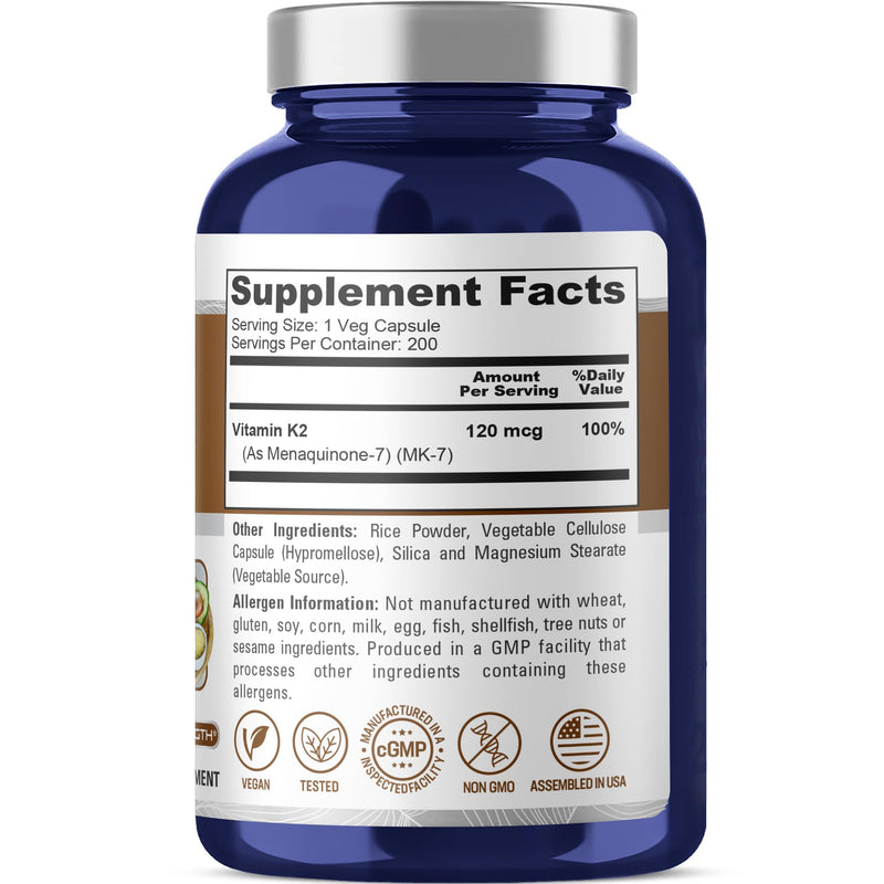NusaPure Vitamin K2 MK7 120 mcg 200 Veggie Caps (Soy Free, Non-GMO, Vegan) (Pack of 2) 200 Count (Pack of 2)
