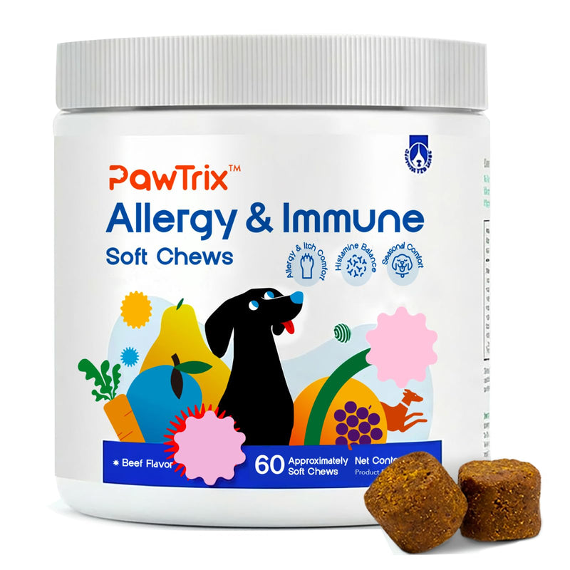 Dog Allergy Chews - Allergy Relief & Immune Support - Calming Aid & Itchy Skin Care with Probiotics for Itchy Ears, Anxiety, Dry Skin, Paw Licking & Stress - 60 Soft Treats