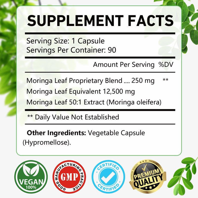OMOGS Moringa Capsules, Pure Moringa Oleifera Leaf Powder Supplement, Rich Inantioxidants Minerals & Vitamins, for Energy, Metabolism, Immunity & Sleep, Non-GMO, 90 Veg Capsules 1 Count (Pack of 1)