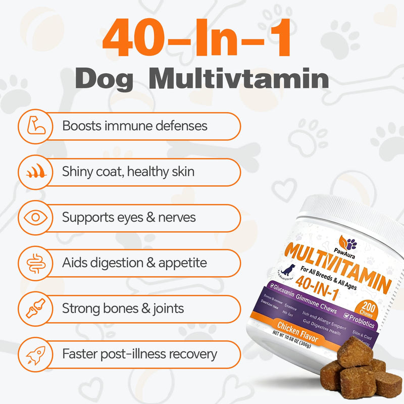 Dog Multivitamin Chewable - Dog Vitamins and Supplements with Glucosamine - 200 Chews - Hip & Joint, Pet Immune Support, Skin & Coat, Gut & Heart Health - Senior & Puppy