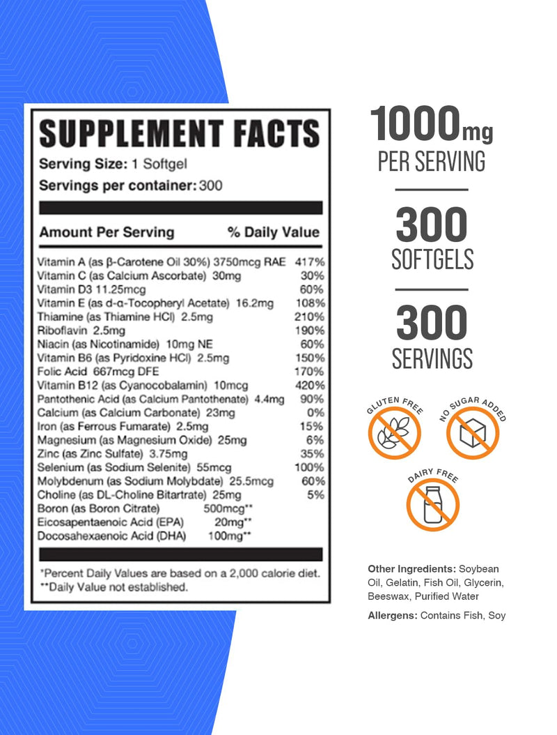 BulkSupplements.com Multivitamin for Women Softgels - Women's Multivitamin with Iron, Multimineral Supplement, with Fish Oil - Gluten Free, 1 Softgel per Serving, 300 Count (Pack of 1) 300 Count (Pack of 1)