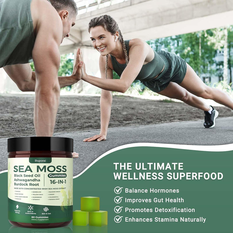 Sea Moss Gummies 16-1, Black Seed Oil Ashwagandha Turmeric Bladder Wrack Vitamin C Vitamin D3 Elderberry Manuka Dandelion Yellow Dock Apple Cider Vinegar for Men & Women Pack of 1