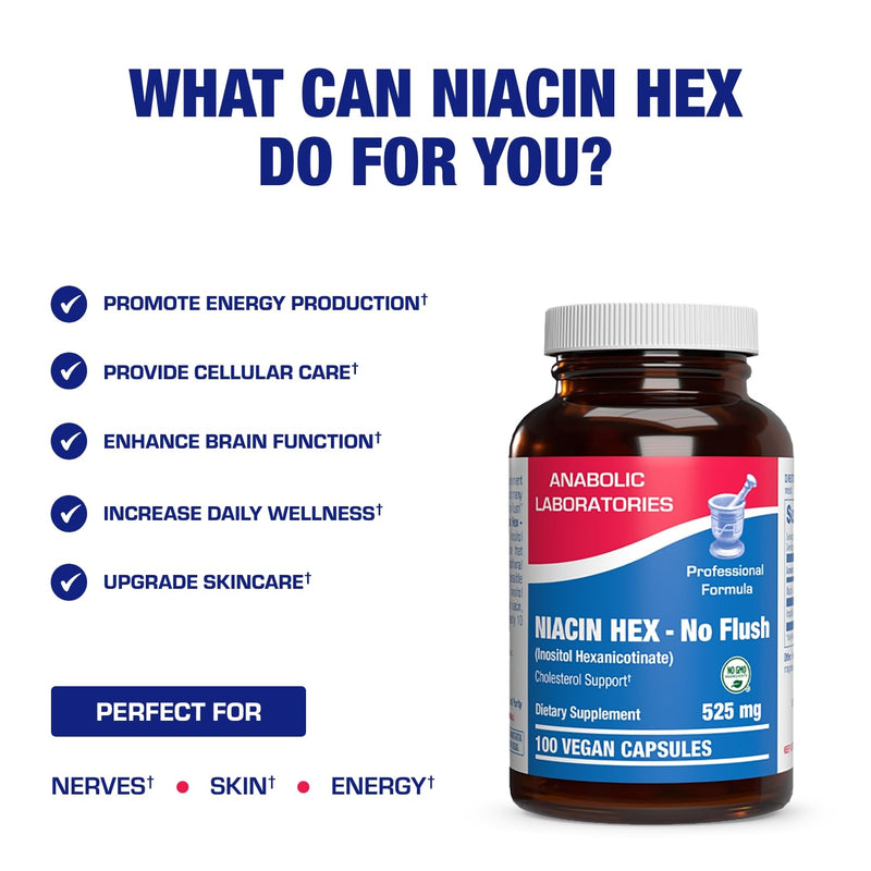 High Absorption Vitamin B3 Niacin Flush Free - Clinical Formula Flush Free Niacin Supplement from Inositol Hexanicotinate for Heart Skin & Nerve Support - Vegan Non-GMO Made in The USA - 100 Servings