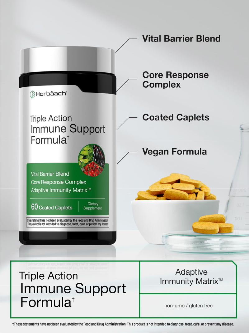 Horbäach Immune Support Supplement | 60 Coated Caplets | with Vitamin C, Zinc & Elderberry | Triple Action | Adaptive Immunity Matrix | Vegan, Non-GMO, Gluten Free
