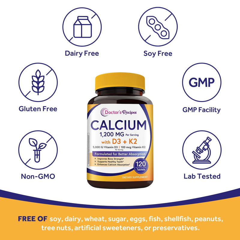 Doctor's Recipes Calcium 1200mg with Vitamin D3 & K2 as MK7, Max Absorption Calcium Supplements for Bone, Teeth & Immune Support, 120 Tablets