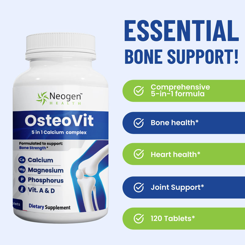 OsteoVit 5-in-1 Calcium 120 tabs Multivitamin: Bone Strength & Flexibility | Calcium, Magnesium, Phosphorus, Vitamin D3 & A - Non-GMO Gluten Free | Calcium Supplement for Women & Men with Vitamin D