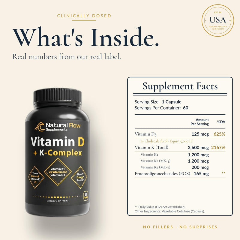 Natural Flow Vitamin D3 with K2 Complex, 5000 IU, 60 Capsules | Full K-Complex (K1, MK-4, MK-7) + FOS — Bone, Heart & Immune Support — Vegetarian, USA Made
