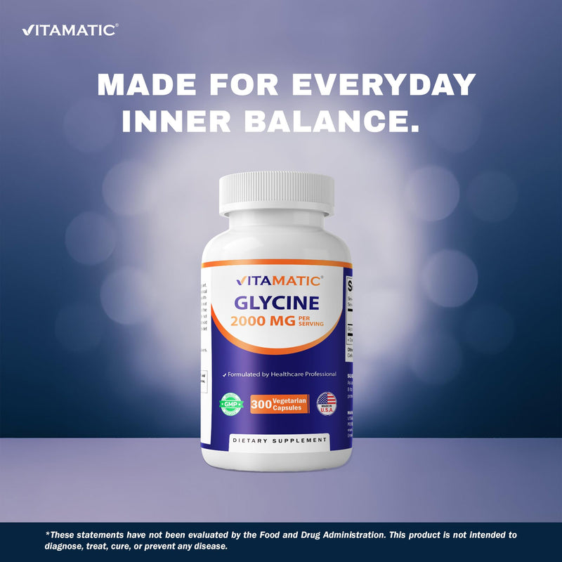 Vitamatic Glycine Supplement, 2000mg Per Serving, 300 Count, Non-GMO, Gluten Free