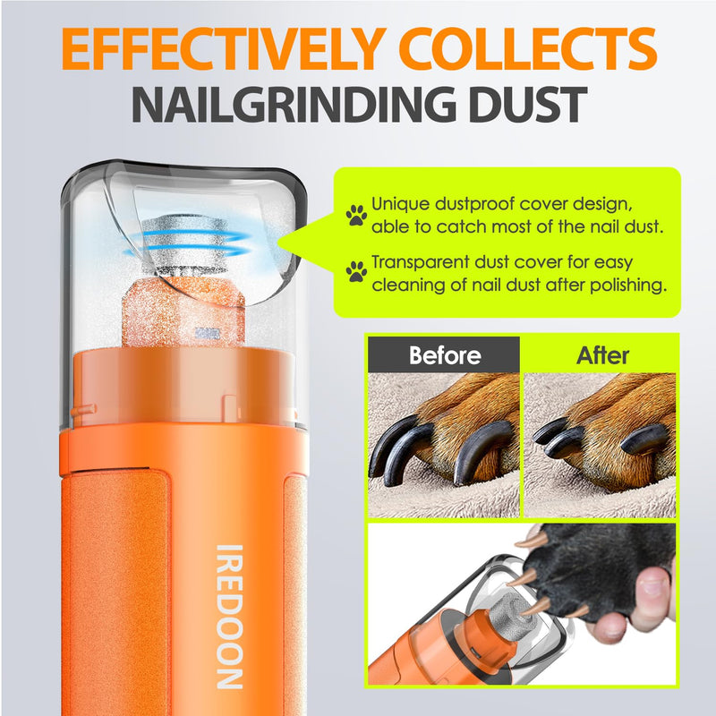 Dog Nail Grinder Upgraded - Professional 3-Speed Super Quiet and Low Vibration Electric Pet Nail Grinder with 4 LED Lights - Painless Paws Grooming & Smoothing for Small to Large Dogs (Orange) Orange