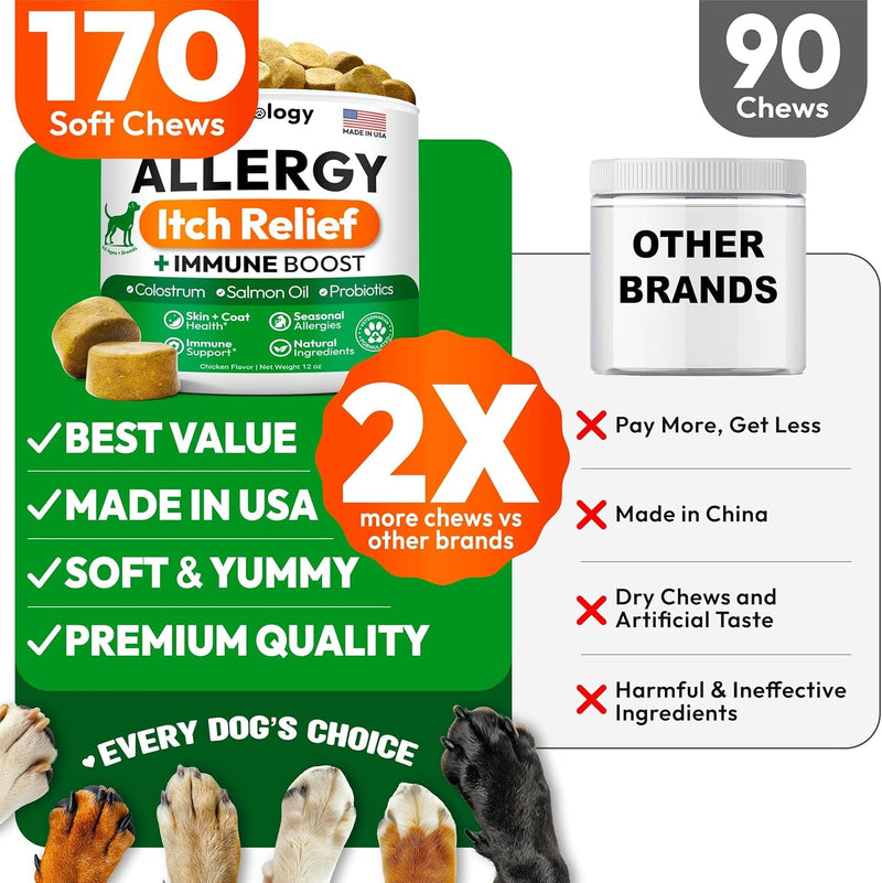 Dog Allergy Relief Chews – Daily Wellness Supplement – Vet Formulated Soft Chews – Supports Skin & Coat Health – All Breeds – Made in USA