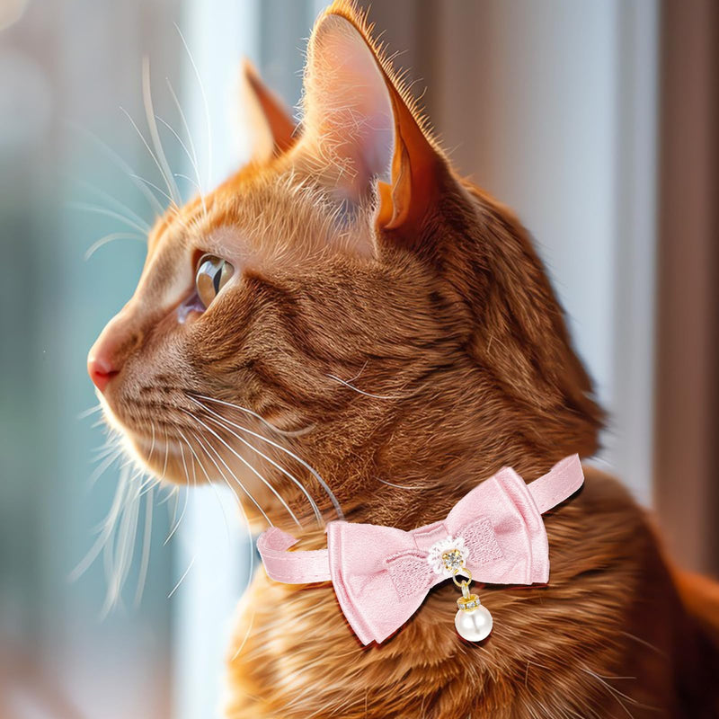 Pink Cat Collar Breakaway Cat Collar with Bowtie and Flower,Cat Collars for Girl Cats,Cute Soft Pearl Cat Collar Adjustable Cat Collar - BeesActive Australia