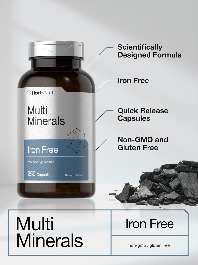 Horbäach Multi Minerals Supplement | 250 Capsules | Iron Free | Daily Mineral Complex for Men and Women | Non-GMO & Gluten Free