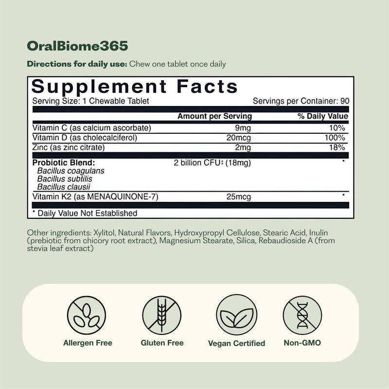 OralBiome 365 3-in-1 Chewable Oral Probiotics for Breath, Immune & Gut Health | Supports Teeth & Gums, Boosts Digestion & Immunity | with Zinc & Vitamin C | Vanilla Mint, 90 Servings