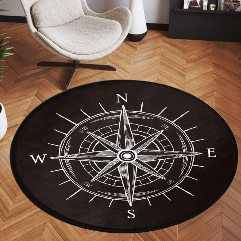 keepcute Vintage Wind Rose Compass Black Round Area Rug for Bedroom Living Room Study Playing,Non-Slip Round Floor Mat Carpet,4 ft 4' (Round)