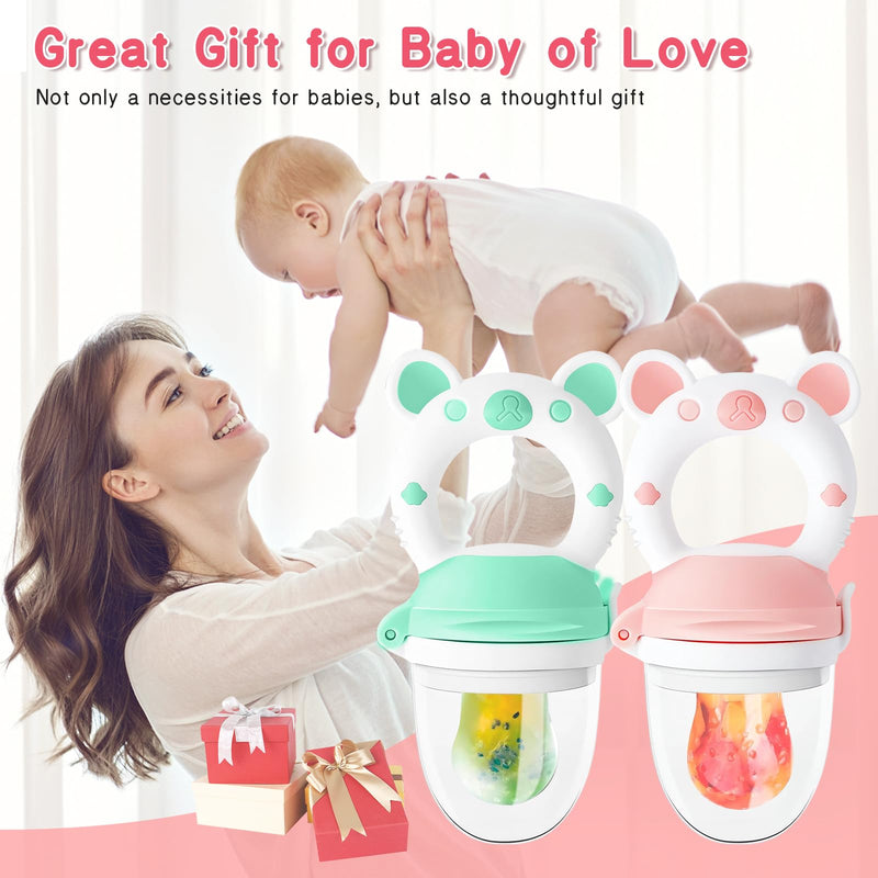 Baby Fruit Feeder with with 2 Extra Teats, Toddler Eating Essentials, BPAFree Feeding Supplies, Silicone Fresh Food Feeder for Safe Infant Self Feeding (Bear- Blue Pink) Q Bear - Blue Pink - BeesActive Australia