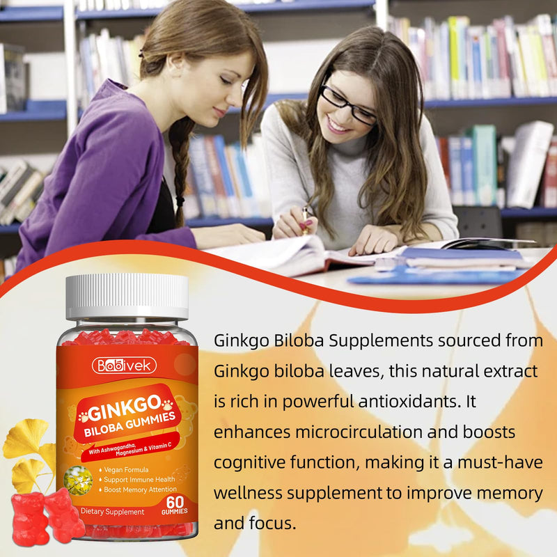 Ginkgo Biloba Gummies with Ashwagandha, Vitamin C & Magnesium - Vegan, Non-GMO, Gluten-Free - Raspberry Flavor, 60 Count