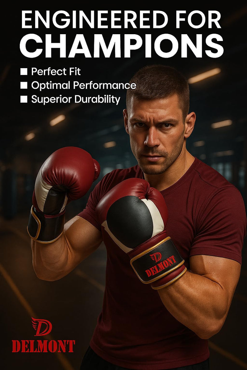 Delmont Boxing Gloves for Men and Women - Heavy Bag, Kickboxing, Sparring & Training Gloves with Multi-Layer Padding, Wrist Support & Breathable Lining - Burgundy 10 oz
