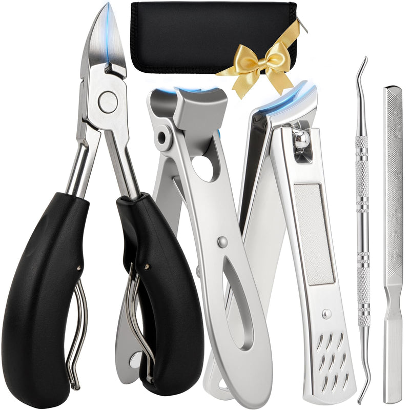 5Pcs Ingrown Toenail Removal Kit, Thick Toenail Clippers for Seniors, Heavy Duty Toenails Clippers for Men, Slanted Nail Clipper with Long Handle, Angled Head Toe Nail Clipper Senior Gift (Silver) 5Pcs Nail Clippers Set-silver - BeesActive Australia