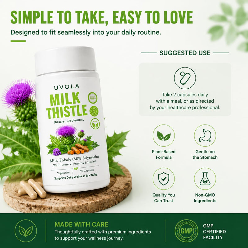 Uvola Milk Thistle Supplement, 80% Silymarin Liver Support Formula, Inositol, Vitamin C, Turmeric, Wormwood, Clove, Dandelion, 8-Ingredient Blend, Gut Health,90 Capsules