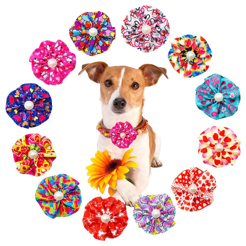 12pcs Small Dogs Collar Flowers Pink with Beads for Valentine's Day for Puppy Doggy Cat Kitten Rabbit Bunny Grooming Attachment Embellishment - BeesActive Australia