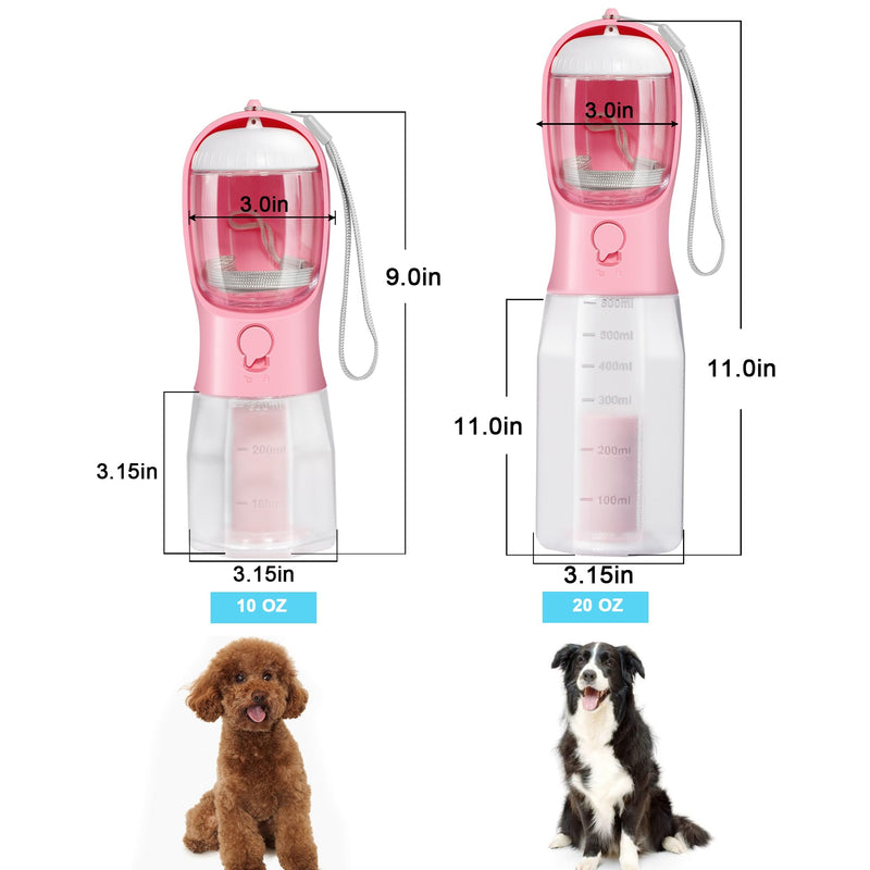 Dog Water Bottle with Filter, Portable Travel Dog Water Dispenser with Food Container & Dog Poop Bags Rolls, Leak Proof, Machine-Wash, Food Grade Plastic - Cycling & Long Flight (Pink, 20 oz) Pink - BeesActive Australia