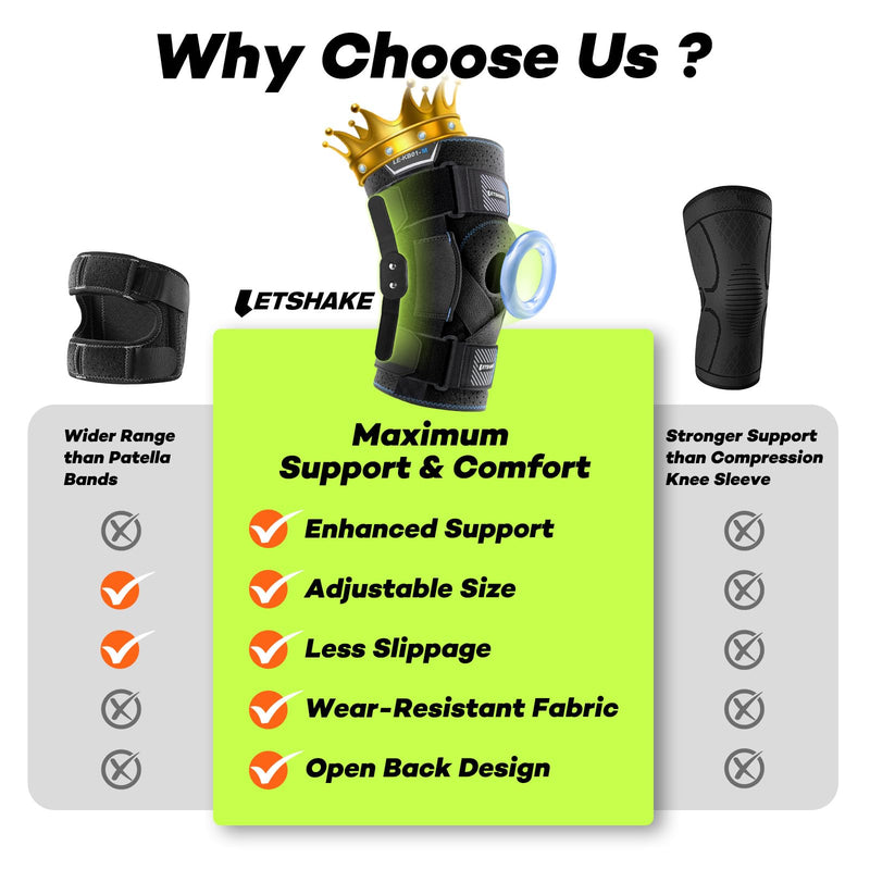 LETSHAKE Hinged Knee Brace for Men Women Adjustable Knee Support with Side Stabilizers for Knee Pain Relief, Meniscus Tear, Arthritis Pain and Support Plus Size ACL Knee Braces (Large) Large