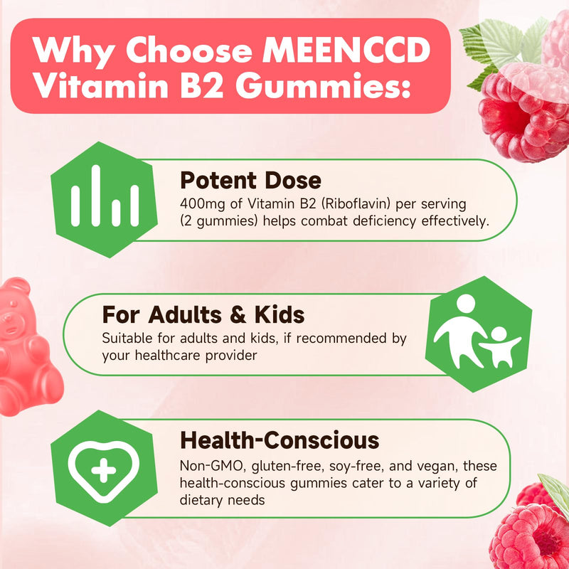 MEENCCD 2 Pack Vitamin B2 Gummies Riboflavin 400mg Supplement with Magnesium for Kids & Adults, B2 Gummies for Migraine Relief Support, Vegan, Sugar-Free, Raspberry Flavor, 120 Count 60 Count (Pack of 2)