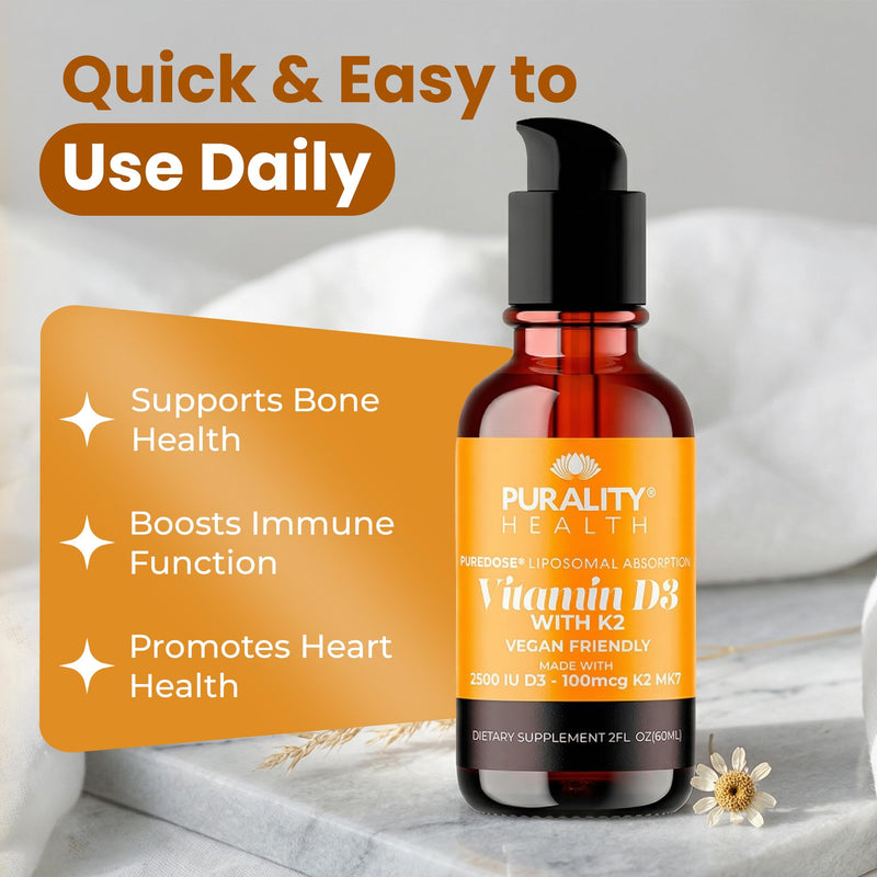 Purality Health Liposomal Vitamin D3, K2 Drops for Bone Strength - 2 Fl oz | Micelle Enhanced Absorption Liquid Technology | Immune & Heart Support | Vegan, Non-GMO, Gluten Free | 30 Days Supply