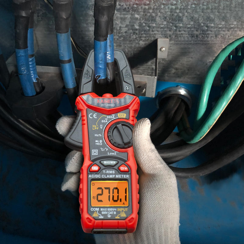 KAIWEETS HT206D Digital Clamp Meter T-RMS 6000 Counts, Multimeter Voltage Tester Auto-ranging, Measures Current Voltage Temperature Capacitance Resistance Diodes Continuity Duty-Cycle (AC/DC Current) AC/DC Current