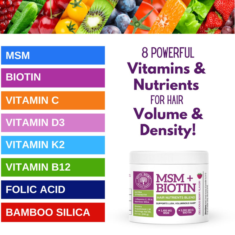 Qhemet Biologics MSM + Biotin Hair Nutrient Drink Mix - Vitamins Powder to Support Lush Volume - Bamboo Silica & Vitamins D3 + B12 for Hair Health - Jumpstart Your Hair Growth Journey (8.5 oz)