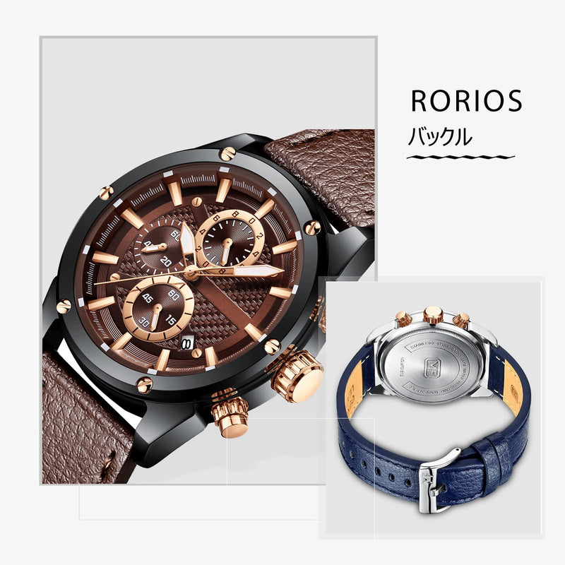 RORIOS Men Watch Leather Band Watch Calendar Luminous Stopwatch Lap Timer Multifunction Waterproof Wrist Watch