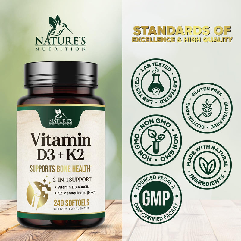 Vitamin D3 4000 IU 100mcg Per Serving - Extra Strength Vitamins D K2 2-in-1 for Bone, Heart, & Muscle Support - Immune Support & Calcium Absorption with Olive Oil - Non-GMO USA Bottled - 240 Softgels 240 Count (Pack of 1)